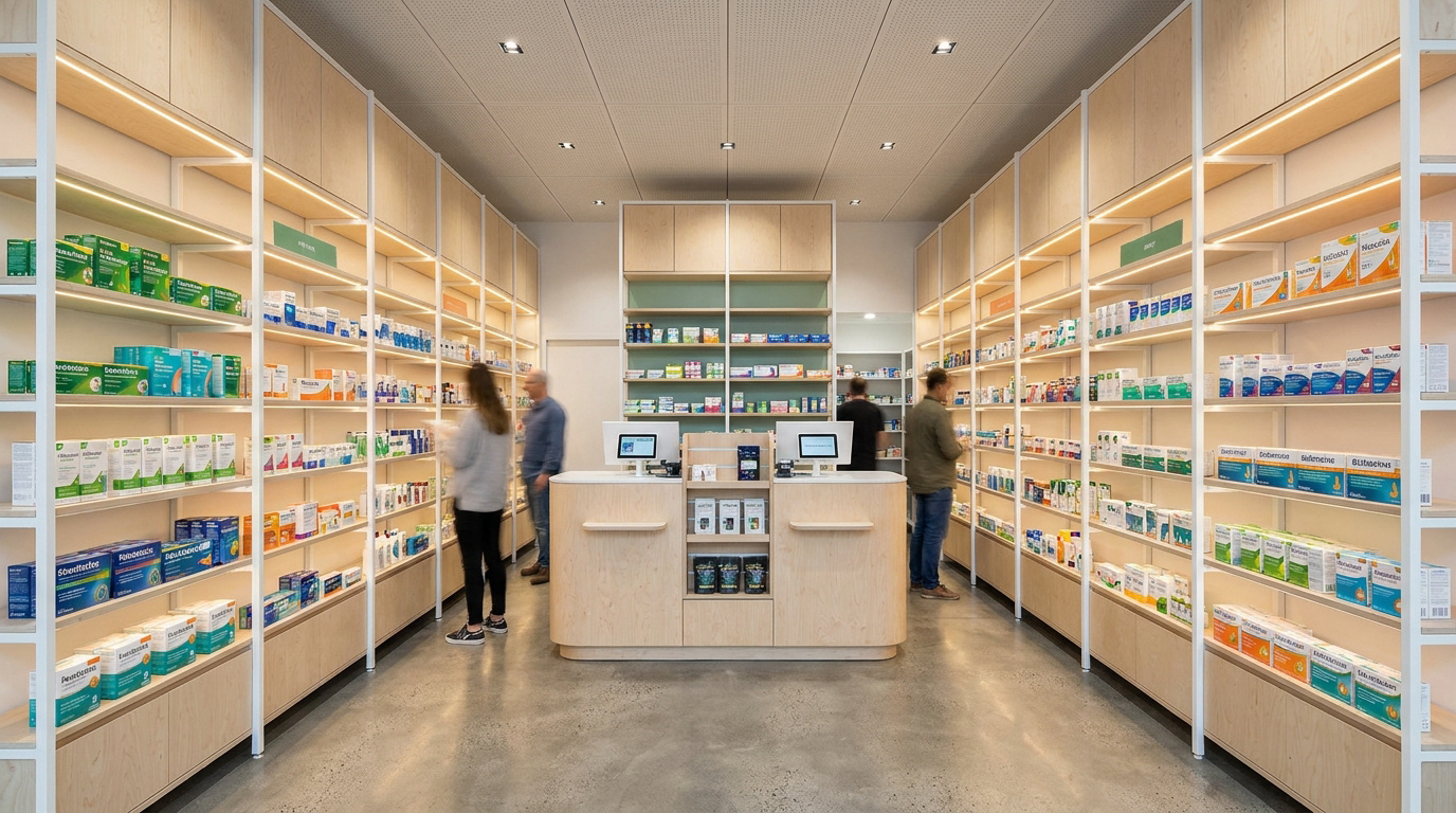 Intérieur d'une pharmacie lumineuse avec des étagères en bois clair, un comptoir central et des clients circulant.